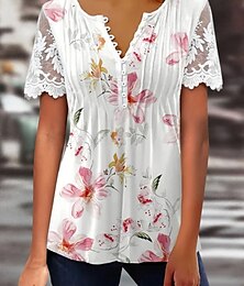 abordables -Mujer Top de empalme de encaje Graphic Flores Elegante Bohemia Moda Manga Corta Mangas anchas Escote Redondo Tops regulares Diario Fin de semana Ropa de vacaciones Encaje Retazos Estampado Blanco