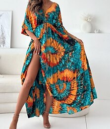 levne -Dámské Maxi šaty Volnočasové šaty Swingové šaty Boho Chic šaty Čechy Na běžné nošení Cikánský Dovolená Denní Volný Květinový Batikované 3/4 délka rukávu Do V Světle fialová Trávová zelená Léto Jaro