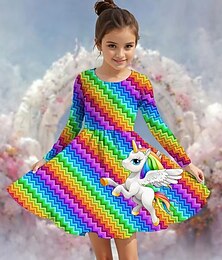halpa -Tyttöjen 3D Kuvitettu Yksisarvinen Mekko Pitkähihainen Kesä Kevät Loma Päivittäin Pyhäpäivä Prinsessa Kaunis Makea Lapset 4-12 vuotta Rento mekko A linjainen mekko Polvipituinen Normaali