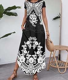ieftine -Pentru femei Rochie Maxi Rochie casual Epocă Vacanță Fit regulat Imprimeu Paisley Manșon scurt Stil Nautic Negru Bleumarin Albastru piscină Trifoi Vară