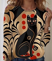 baratos -Dia dos Namorados Mulheres Camiseta Gato Vintage Casual Manga Longa Gola Redonda Tops regulares Diário Imprimir Cáqui Primavera Outono