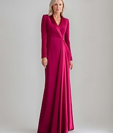 abordables -Robe fourreau  colonne Robe de mère de la mariée Robe de smoking Élégante Simple Col en V Longueur de sol Satin Crêpe Robe blazer Manches longues avec couleur unie