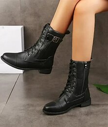 abordables -Botas de combate negras para mujer con cordones y cremallera lateral, botas de media pantorrilla de inspiración militar para uso casual en la calle, caminatas al aire libre y paseos en motocicleta.