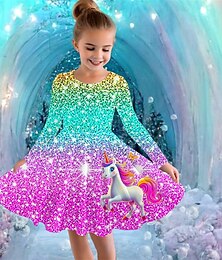 billiga -Flickor 3D Grafisk Enhörnings Klänning Långärmad Sommar Vår Semester Dagligen Helgdag Prinsessa Skön Ljuv Barn 4-12 år Vardagsklänning A linjeklänning Knälång Normal