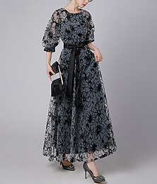 abordables -Robe trapèze pour mère de la mariée, robe formelle élégante vintage transparente, col bijou, longueur cheville, mousseline de soie, demi-manches avec broderie en dentelle 2025