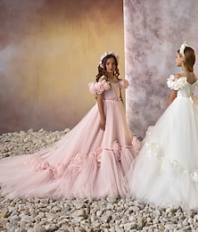 voordelige -Bloemenmeisjesjurk Voor meisjes Eerste Communie Jurk Feestjurk Bruiloft Feest Prinses Zoet Kerstmis Carnaval Met ruches Effen Kleur Strapless Strakke ronde hals Wit Blozend Roze 4 jaar +