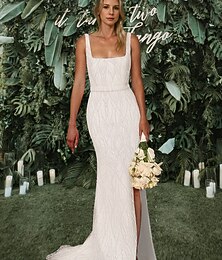 preiswerte -Hochzeitskleider Meerjungfrau  Trompete Quadratischer Ausschnitt Abnehmbare Ärmel Bead Lace Applikation Ärmellos Gerichts Zug Spitze Brautanzüge Brautkleider mit hohem Schlitz