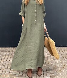 economico -Per donna Abito maxi Abiti in cotone e lino Vestito Casual Essenziale Casual Vacanza Quotidiano Vestibilità regolare Semplice Manica Lunga Colletto a Camicia Rosa Verde Grigio Primavera Autunno