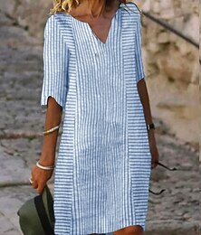 abordables -Robe mini femme Robe petite Robe T-shirt Robe tee Robe shift Robe d'été Élégante Mode active Extérieur Vacances Travail Coupe régulière Rayures Vichy Manches mi-longues Col V Rose Bleu Gris