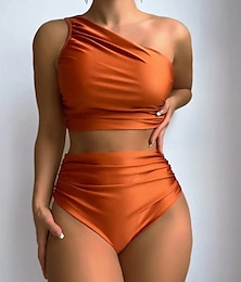 economico -Per donna Costumi da bagno Bikini 2 pezzi Slip Costume da bagno Schiena scoperta Taglia piccola A vita alta Festività Abbigliamento mare Tinta unica Collo asimmetrico Senza maniche Costumi da bagno