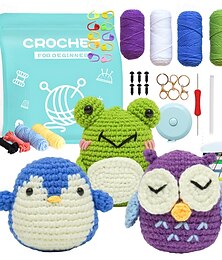 abordables -Kit de crochet navideño para principiantes, 3 patrones de animales: búho, pingüino, rana, kit de tejido para niños adultos con tutoriales en video paso a paso y accesorios de hilo y gancho