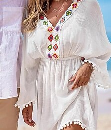 abordables -Robes de plage femme couvrant maillots de bain en patchwork avec boutons et franges Vêtements de plage de vacances Couleur unie Col en V à manches longues