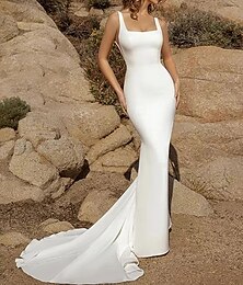 economico -Abiti da sposa boho con schiena aperta sirena  tromba scollo a V scollo tondo senza maniche strascico corto tulle completi da sposa abiti da sposa con perline e drappeggi
