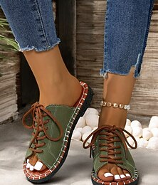 voordelige -Groene open teen veterschoenen van canvas voor dames met handgestikte zool – casual en comfortabel voor de zomer, reizen en buitenactiviteiten