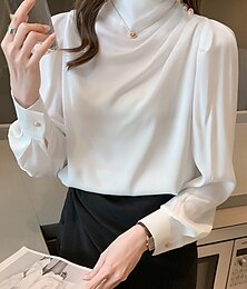 economico -Per donna Camicia Blusa Tinta unica Lavoro Moderno Informale Manica lunga A collo alto Top regolari Ufficio Abbigliamento formale Bottoni Bianco Blu Estate Primavera