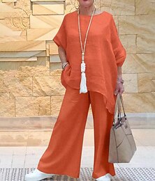abordables -Femmes Mode Streetwear Chemise Ensembles inspirés du lin Ensembles deux pièces Pantalons en Lin Pantalons Set manche longue Col de chemise Couleur Unie Cordon de serrage Tenue quotidienne Date