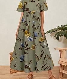 economico -Per donna Abito maxi Abiti in cotone e lino Vestito Casual Vestito a ruota Abito lungo in cotone Elegante Casual Vacanza Quotidiano Vestibilità regolare Floreale Manica Corta Girocollo Giallo Chiaro