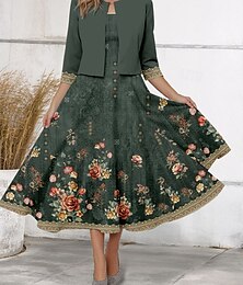 levne -Ženské midi šaty dvoudílná sada šatů tištěné šaty elegantní vintage květinový tribal potisk 3/4 rukáv kulatý výstřih denní tmavě zelené jaro podzim pravidelný střih