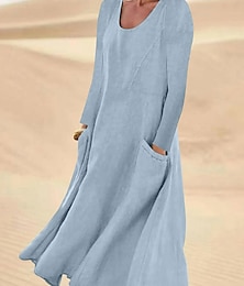 economico -Per donna Abito Midi Abiti in cotone e lino Elegante Essenziale Casual Vacanza Quotidiano Data Vestibilità comoda Semplice Manica Lunga Girocollo Bianco Verde chiaro Rosa Azzurro cielo Primavera