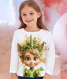 billiga -Flickor 3D Grafisk Tecknat T-shirt Långärmad Vår Höst Mode Grundläggande Barn 4-12 år Rund hals Utomhus Ledigt Dagligen Normal