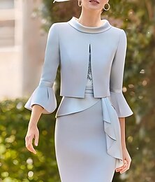 abordables -Ensembles de robes Robe de mère de la mariée Robe formelle Invité de mariage Élégante Vintage Col bijou Longueur thé Tissu extensible Manche demi avec volants en dentelle