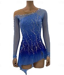 preiswerte -Eiskunstlaufkleid Damen Mädchen Eislaufen Kleider Blau Patchwork Asymmetrischer Saum Gitter Spandex elastisch Ausbildung Praxis Professionell Eiskunstlaufkleidung Kristalle Langarm Eiskundstlauf