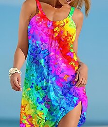 ieftine -Wearing Mini Dress Rochie Petite Rochie de Vară Rochie Shift Rochie de Vară Tropical Sexy Casual Vacanță Zilnic Plajă Croi Larg Gradient de Culoare Fără Mâneci Gât Crew Curcubeu Albastru Verde Vară