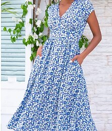 abordables -robe de travail pour femme robe décontractée robe trapèze élégante bureau quotidien mode de travail robe midi poche col en V manches courtes floral coupe régulière jaune rouge bleu été printemps s m l