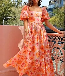 abordables -Femme Robe Maxi Robe casual Elégant Le style mignon mode Manche à volant Vacances Soirée du quotidien Standard Graphic Manche Courte Col Carré Orange Eté Printemps