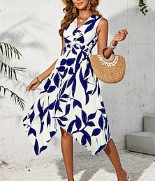 abordables -Femme Robe mi-longue Robe casual Robe Évasée Robe Trapèze mode Décontractées Vacances du quotidien Standard Feuille Sans Manches Col V Rose Claire Bleu Violet Abricot Eté