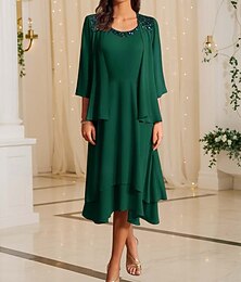 preiswerte -Zweiteiliges Mutter der Braut Kleid Formale Hochzeitsgast Elegantes Vintage Rundhals Tee Länge Chiffon Halblange Ärmel Jacke Kleider mit Pailletten Cascading Rüschen