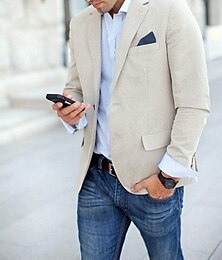 economico -Giacca Sportiva in Lino da Uomo Moda Casual Estate Monocromatica Beige Vestibilità Su Misura Doppiopetto a Un Bottone