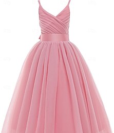 economico -Abito per ragazza dei fiori lungo fino al pavimento per la principessa abito carino per ballo sweet 16 in tulle con fiocco(i) a balze plissè per età 3-16 anni