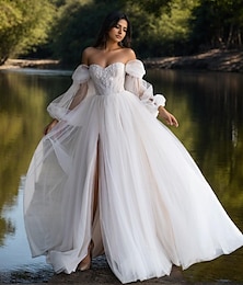 cheap -Beach Wedding Dresses A-Line Sweetheart Puff Sleeve Tulle Bridal Gowns With Ruched Details 2025