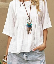 economico -Per donna Camicia Blusa Camicie di cotone e lino Tinta unica Essenziale Casual Manica 3/4 Girocollo Top Regolari Quotidiano Bianco Estate Primavera
