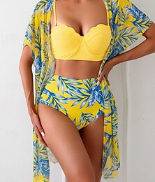 abordables -Femme Maillots de Bain Bikinis Trois pièces Slip Brésilien Maillot de bain Dos Nu Mince Taille haute Vacances Tenues de plage Feuilles Col V Sans Manches Maillots de bain