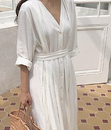 abordables -Femmes Robe Longue Maxi Robe Robes inspirées du lin Robe Blanche Robe Décontractée Élégant Occasionnel Vacances Quotidien Date Coupe régulière Uni manche longue Col en V Noir Blanche Été Printemps