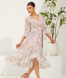economico -Per donna Abito lungo Abito lungo Abiti in chiffon Elegante Moda Maniche ad aletta Matrimonio Da mare Giornaliero Morbido Floreale Manica a 3/4 A V Rosa Estate Primavera Autunno