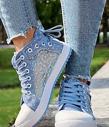 abordables -Zapatillas altas de lona con cordones azules para mujer, paneles de malla bordados y diseño de lunares para uso informal y al aire libre