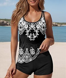abordables -Maillots de bain femmes Tankini 2 pièces Maillot de bain à jambe de garçon Dos nu Vêtements de plage vacances Géométrique Col en U Sans manches