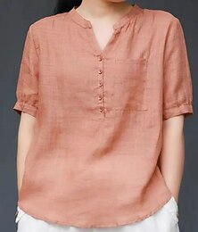levne -Dámské Košile Halenka Bavlněné lněné košile Pevná barva Základní Na běžné nošení Krátký rukáv Vroubkovaný krk Běžné topy Denní Knoflíky Kapsy Námořnická modř Oranžová Léto Jaro