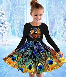billiga -Flickor 3D Grafisk Djur Påfågel Klänning Långärmad Sommar Vår Semester Dagligen Helgdag Prinsessa Skön Ljuv Barn 4-12 år Vardagsklänning A linjeklänning Knälång Normal