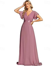 economico -Abito da Sorella della Sposa A-Line Scollatura a V Maniche Corte Elegante Lunghezza Piena Chiffon con Spacco Frontale
