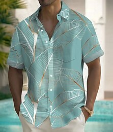 billiga -ouku herr palmblad tropiska växter sommar hawaiisk skjorta uppknappad skjorta kortärmad hawaiian resort semester semester strand slitage sommar vår turndown krage skjortor fram en ficka rosa blå