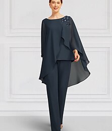 abordables -Combinaison  pantalon deux pièces mère de la mariée élégant décolleté bijou longueur de sol chiffon manche longue wrap inclus avec volants de dentelle couleur unie