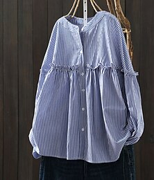 economico -Per donna Camicia Blusa A strisce Donne Moda Informale Manica lunga Manica a lanterna Girocollo Top regolari Giornaliero Per eventi Per uscire Bottoni Bianco Blu Estate Primavera Autunno