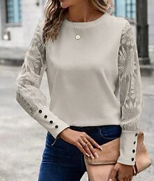 abordables -Hauts en dentelle blancs élégants pour femmes Blouse en œillets Hauts habillés Élégants avec boutons en dentelle À manches longues col ras du cou Hauts romantiques petits pour l'été Vacances Rose