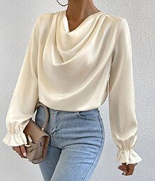 economico -Per donna Camicia Blusa Tinta unica Moda Informale Manica lunga Collo ad anello Top regolari Giornaliero Increspato Nero Beige Estate Primavera