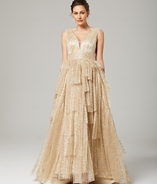abordables -Robe de Soirée Trapèze Robes de bal Elégant Robe Formel Fête scolaire Longueur Sol Sans Manches Col V Tulle avec Ruché 2025
