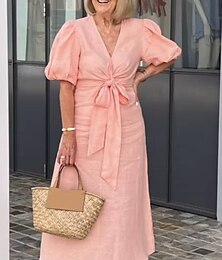 economico -Per donna Abito maxi Abiti ispirati al lino Abito Bianco Vestito Casual Attillato Elegante Essenziale Casual Vacanza Quotidiano Vestibilità regolare Semplice Manica Corta Scollo a V Bianco Rosa